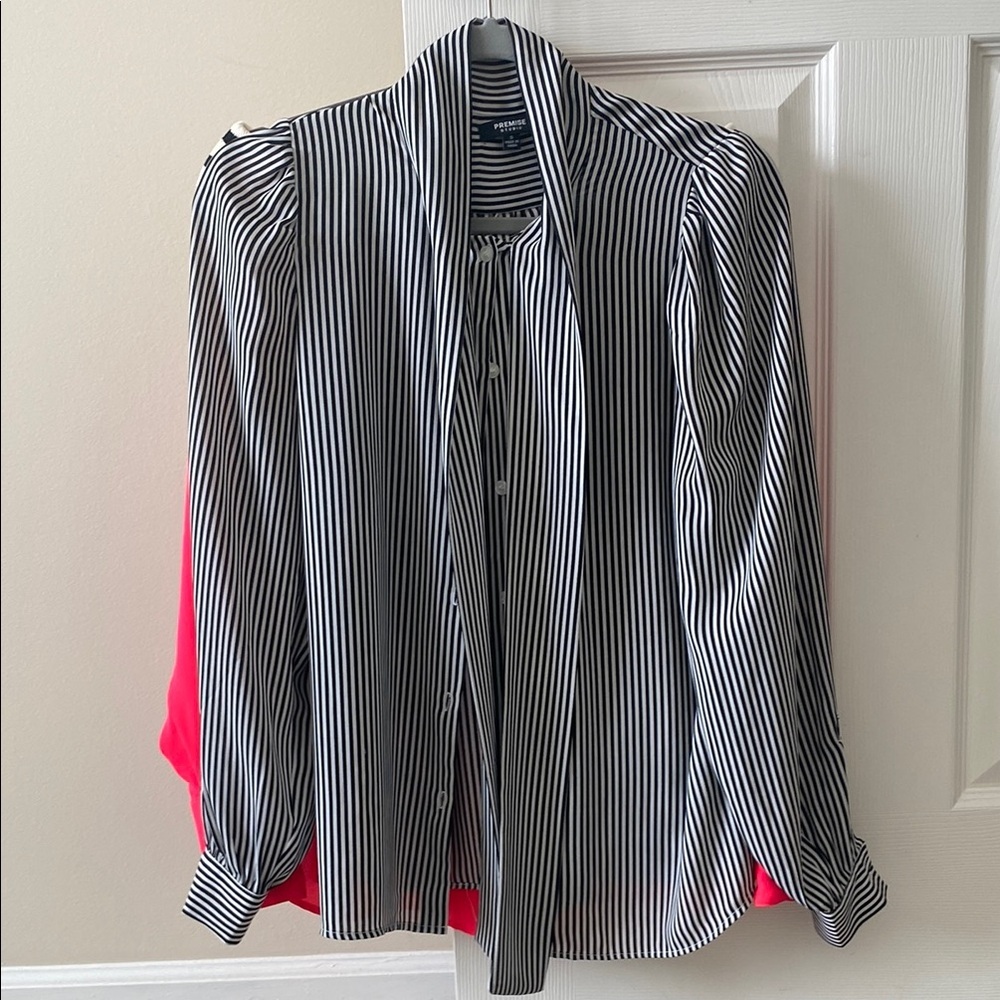 Premise Studio Black and White Striped Pussybow Blouse